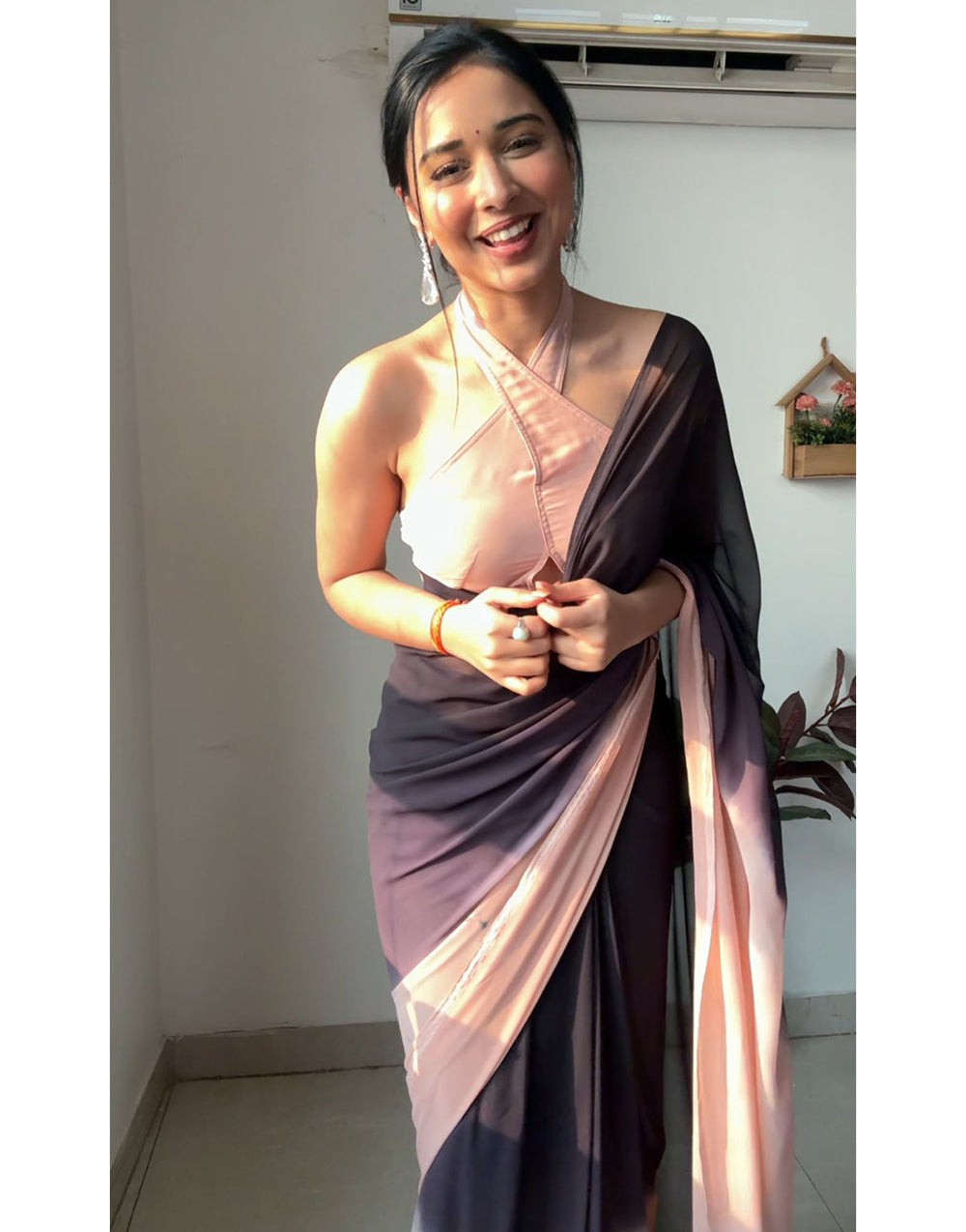 Black & Peach Soft Georgette Ready To Wear Saree