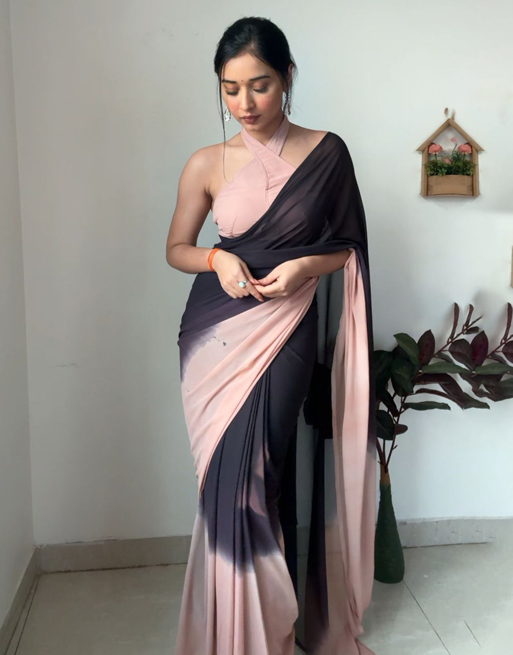 Black & Peach Soft Georgette Ready To Wear Saree