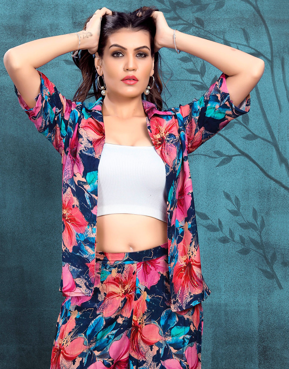 Rama Blue & Pink Flower Printed Maslin Co-Ord Set