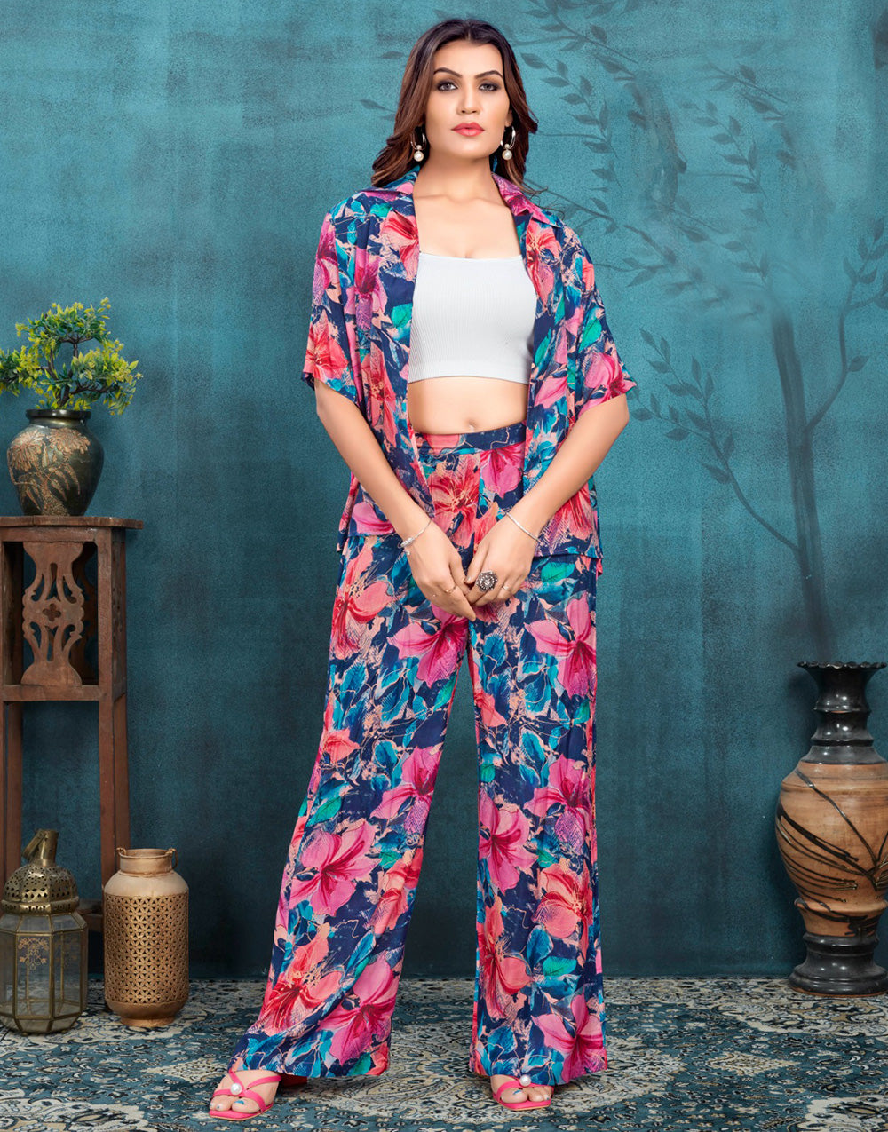 Rama Blue & Pink Flower Printed Maslin Co-Ord Set