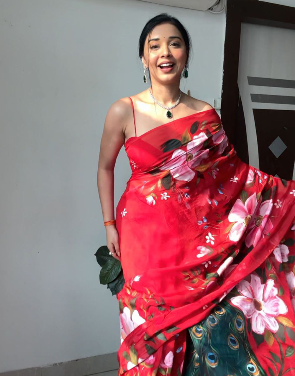 Red Soft Organza Ready To Wear Saree With Printed Work