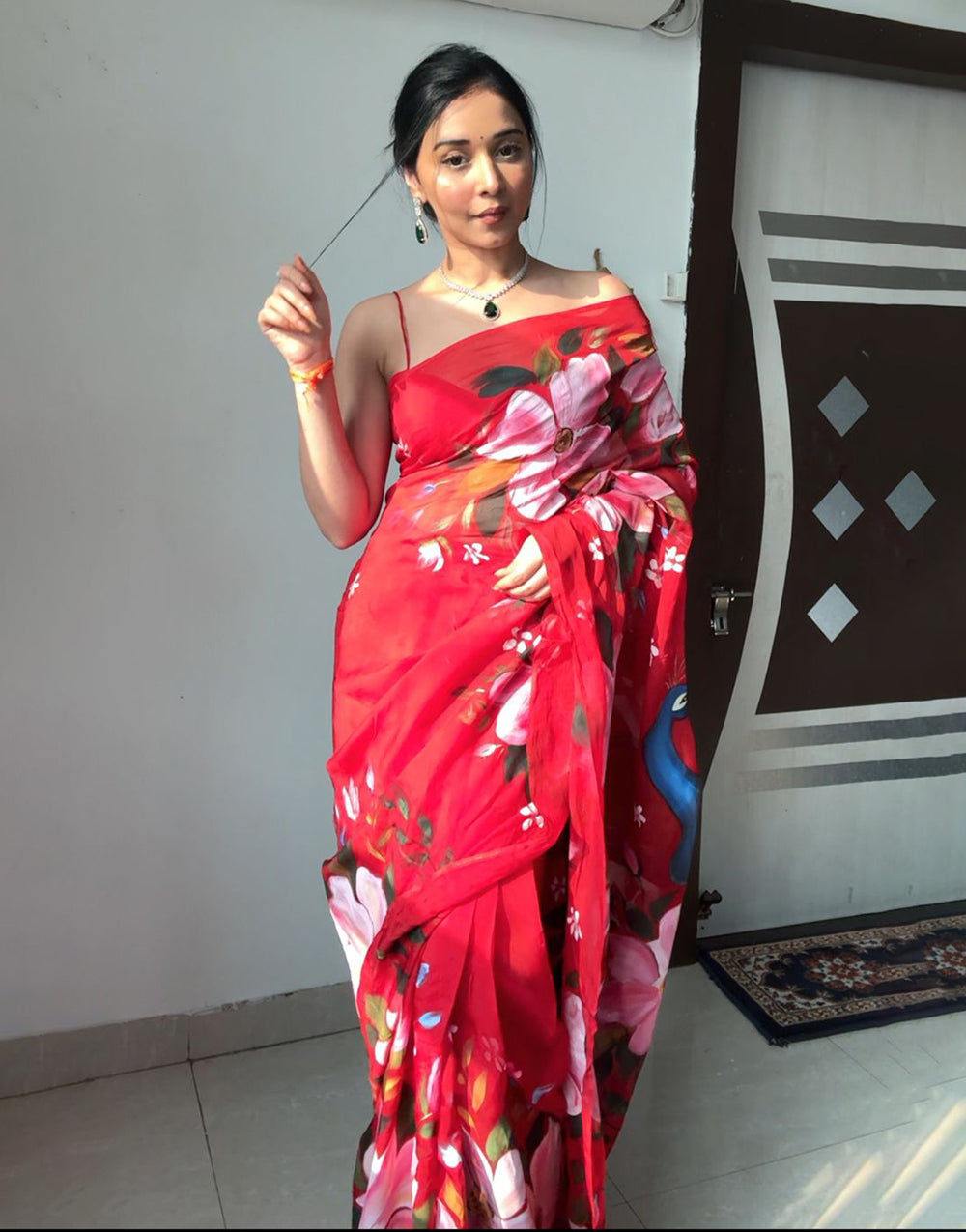 Red Soft Organza Ready To Wear Saree With Printed Work