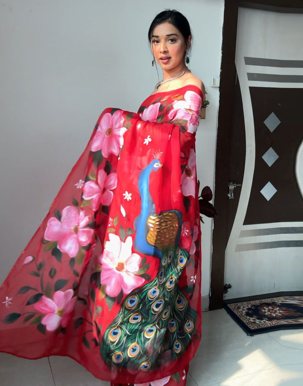 Red Soft Organza Ready To Wear Saree With Printed Work