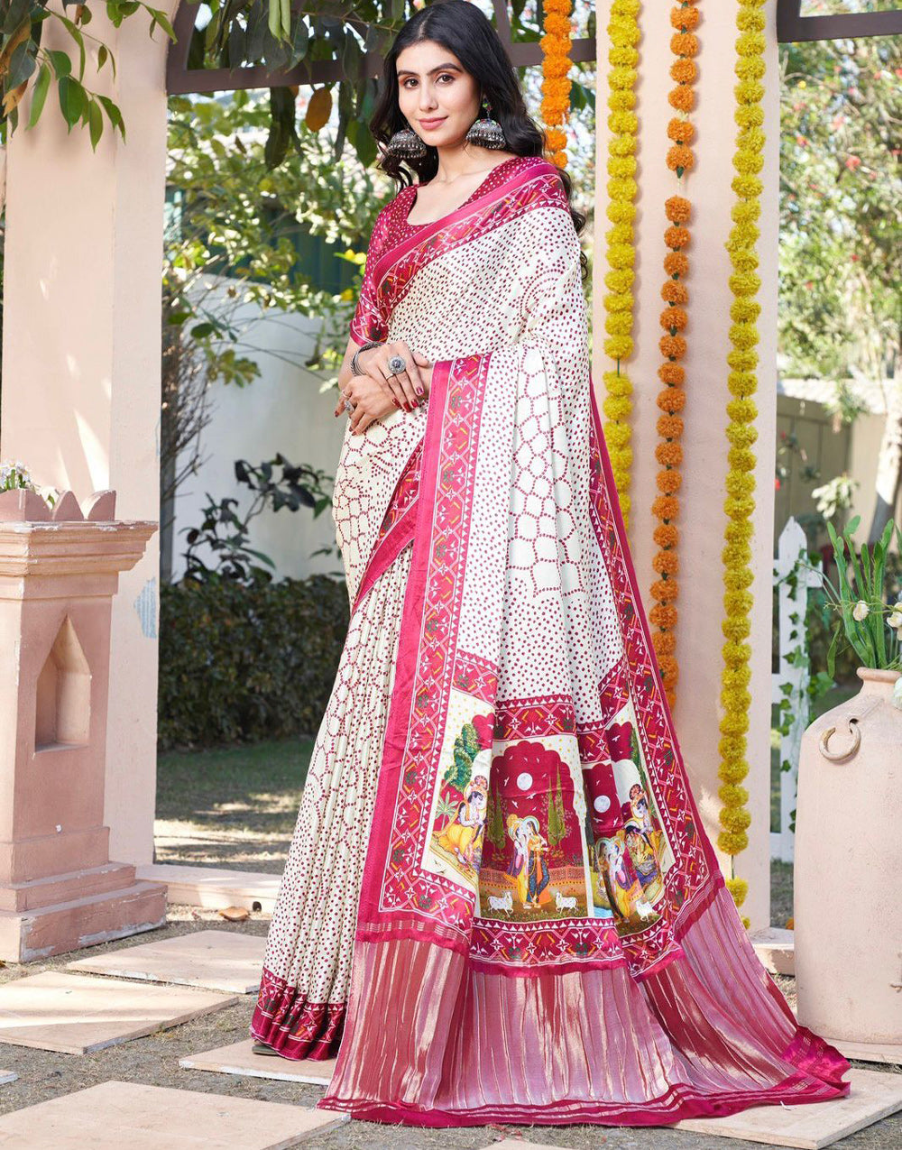 White & Dark Pink Gajji Silk With Bandhej Print & Lagdi Patta Saree