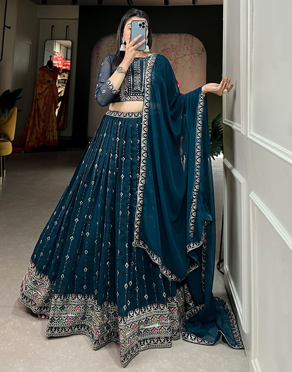 Prussian Blue Georgette With Sequence & Thread Embroidery Lehenga Choli