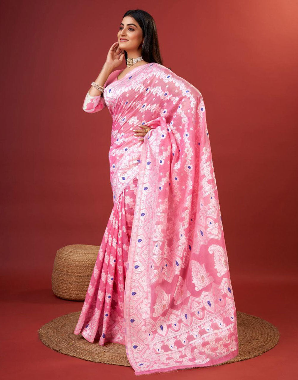 Pink Cotton Saree With Zari Weaving Work