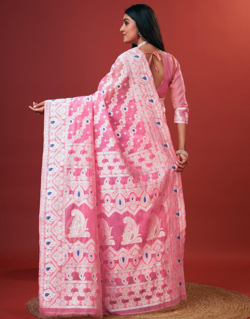 Pink Cotton Saree With Zari Weaving Work