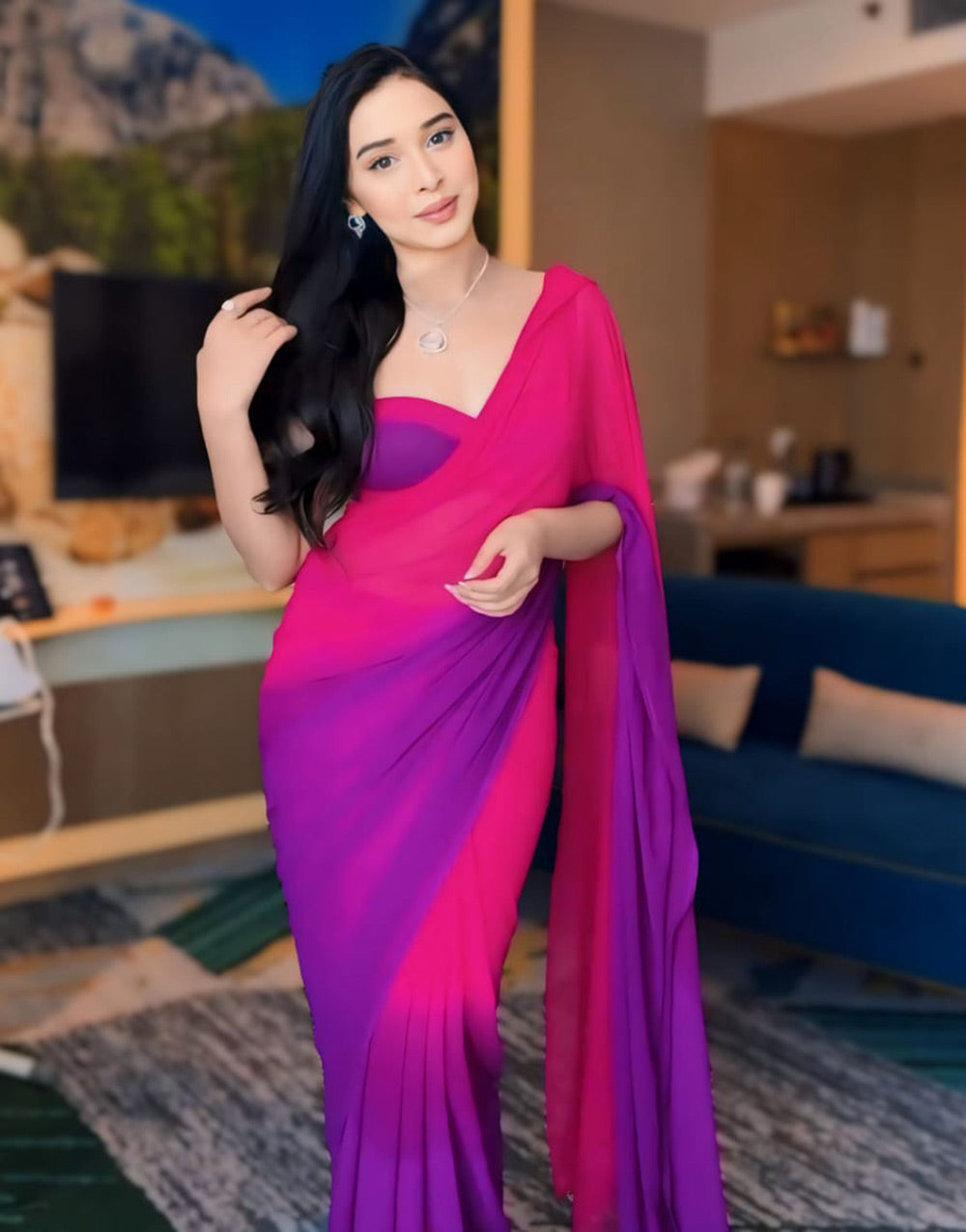 Rani Pink & Purple Georgette Ready To Wear Saree