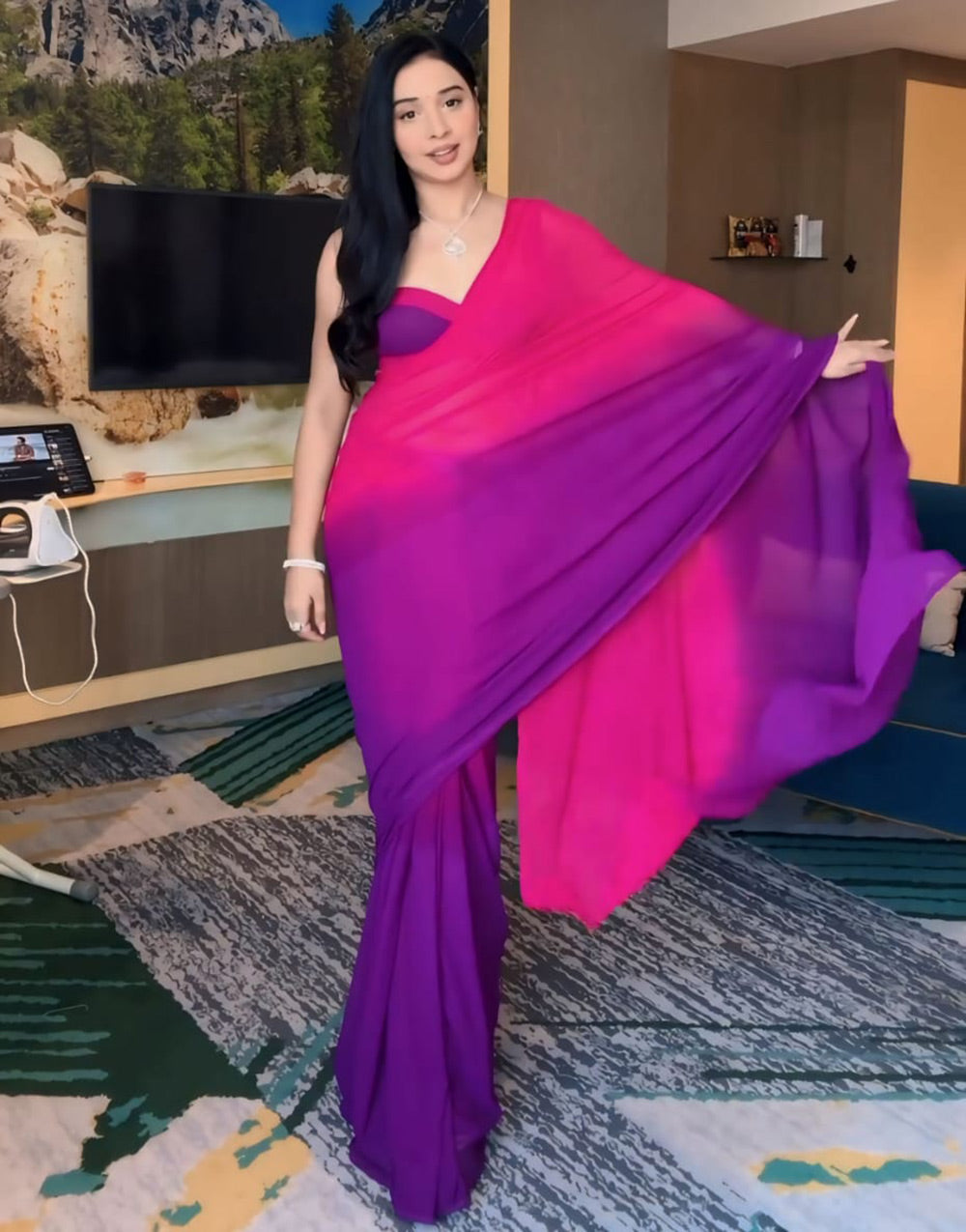 Rani Pink & Purple Georgette Ready To Wear Saree