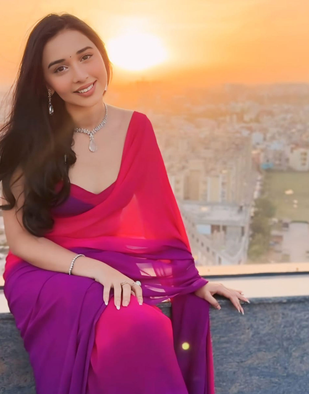 Rani Pink & Purple Georgette Ready To Wear Saree