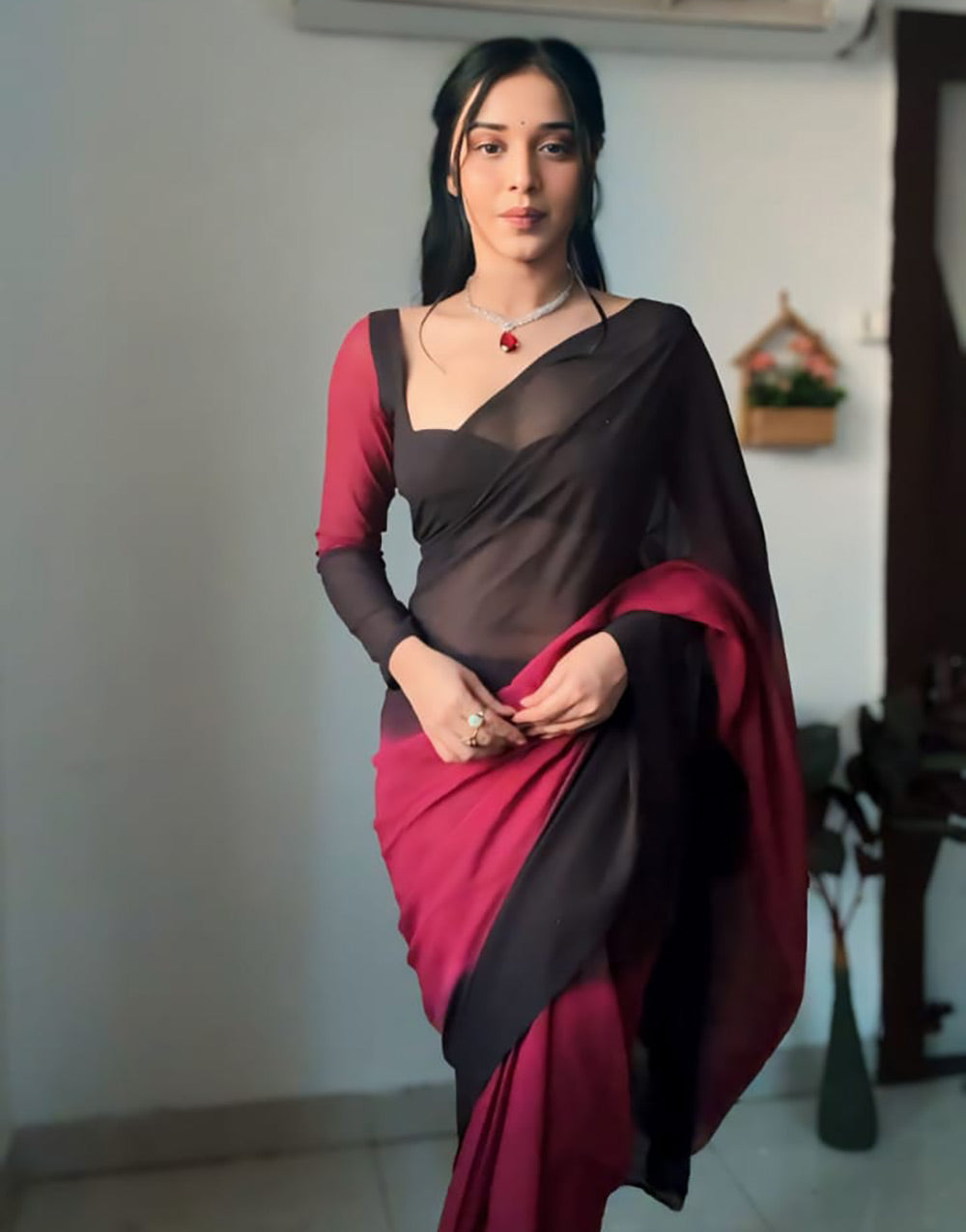 Dark Brown & Desire Red Georgette Ready To Wear Saree