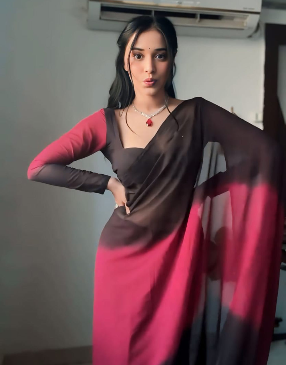 Dark Brown & Desire Red Georgette Ready To Wear Saree