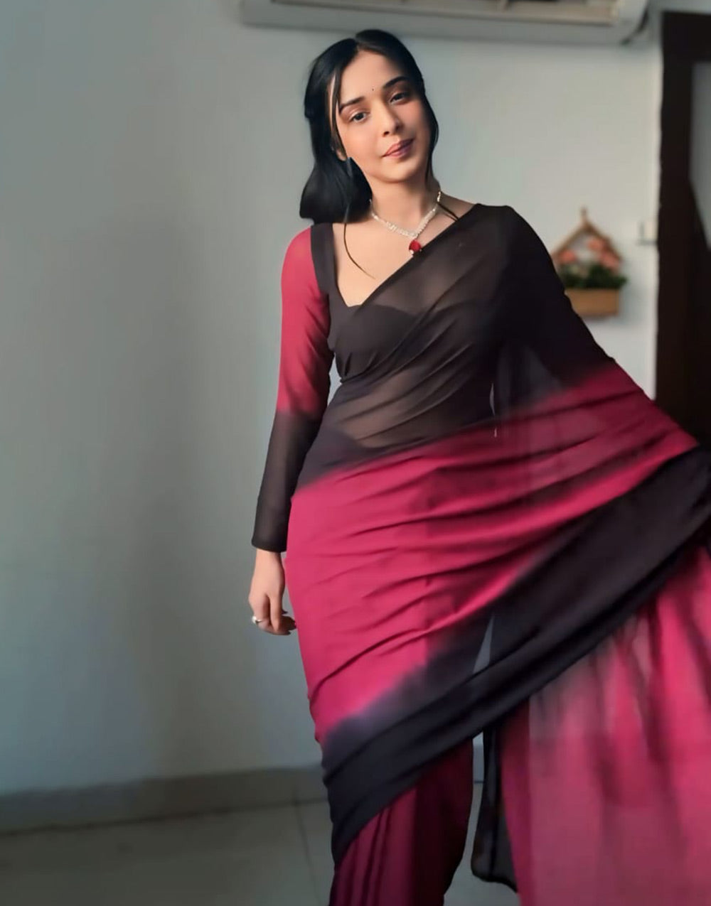 Dark Brown & Desire Red Georgette Ready To Wear Saree