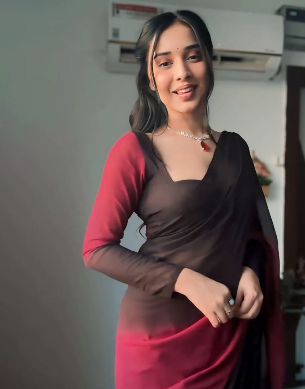 Dark Brown & Desire Red Georgette Ready To Wear Saree
