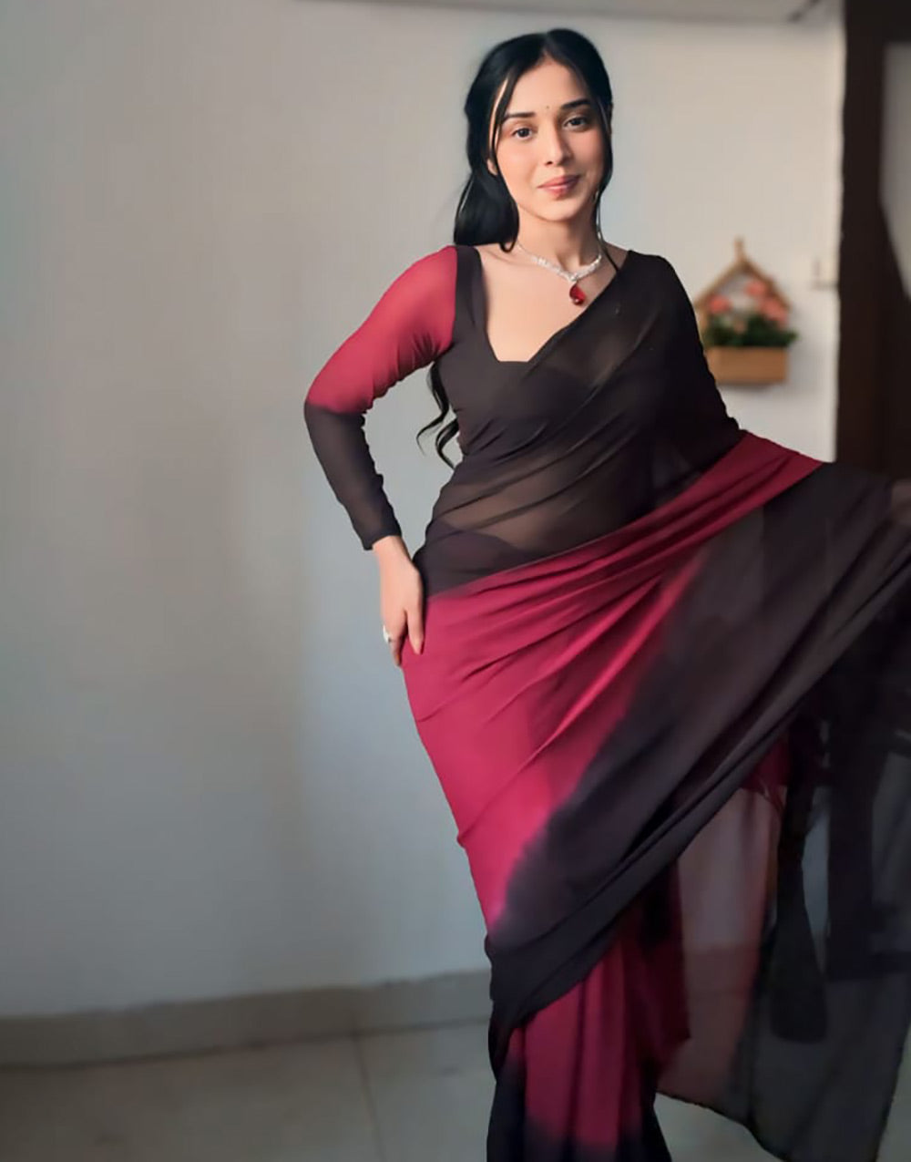 Dark Brown & Desire Red Georgette Ready To Wear Saree