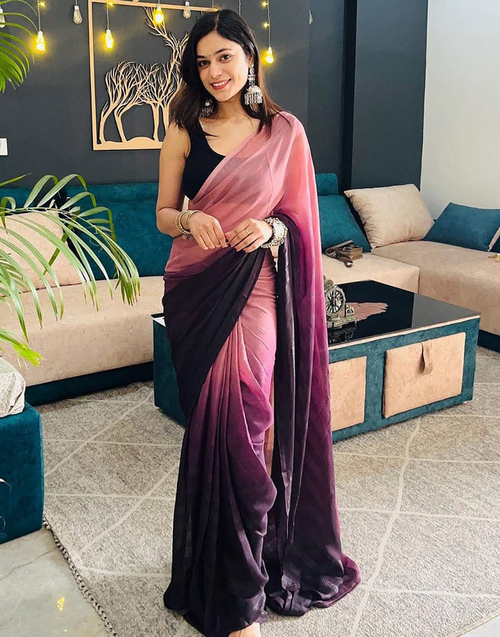 Dark Wine & Rosewood Pink Georgette Ready To Wear Saree