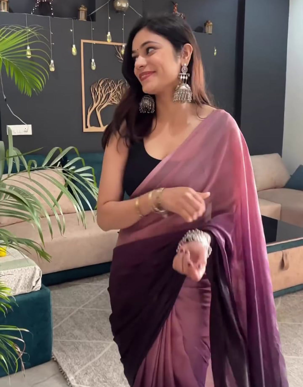 Dark Wine & Rosewood Pink Georgette Ready To Wear Saree