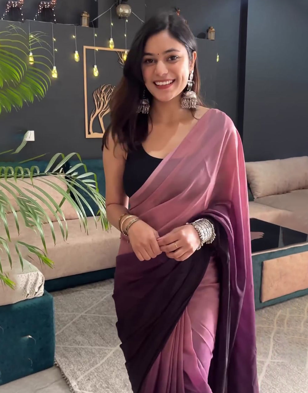 Dark Wine & Rosewood Pink Georgette Ready To Wear Saree