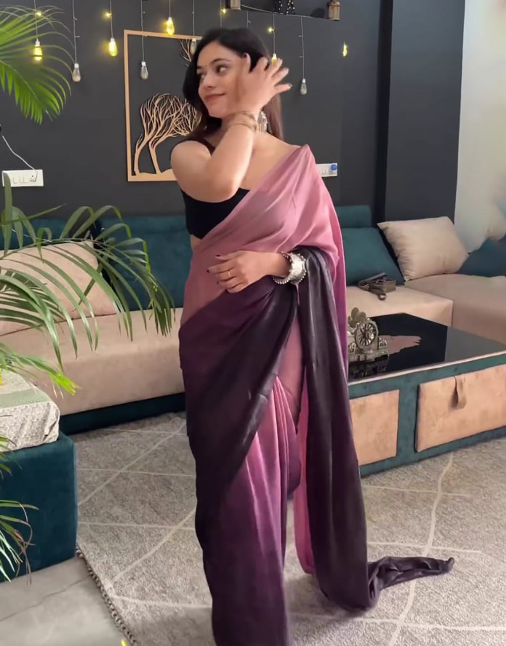 Dark Wine & Rosewood Pink Georgette Ready To Wear Saree