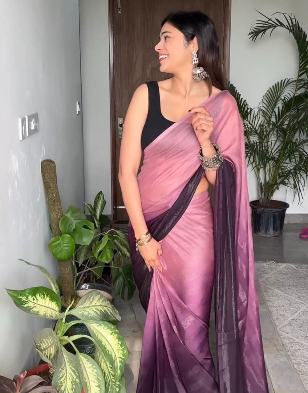Dark Wine & Rosewood Pink Georgette Ready To Wear Saree