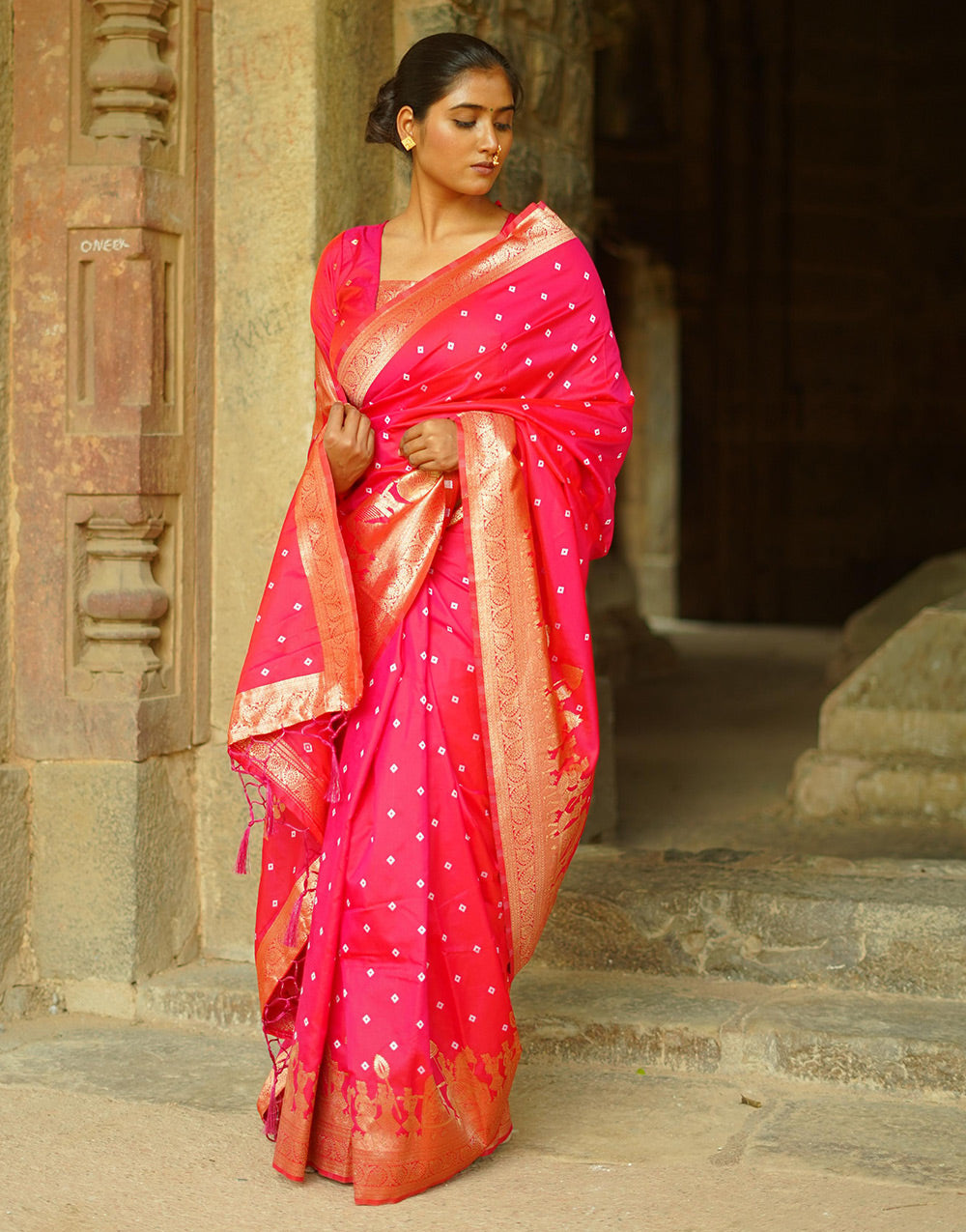 Red Pink Hand Bandhej Bandhani Saree With Zari Weaving Work