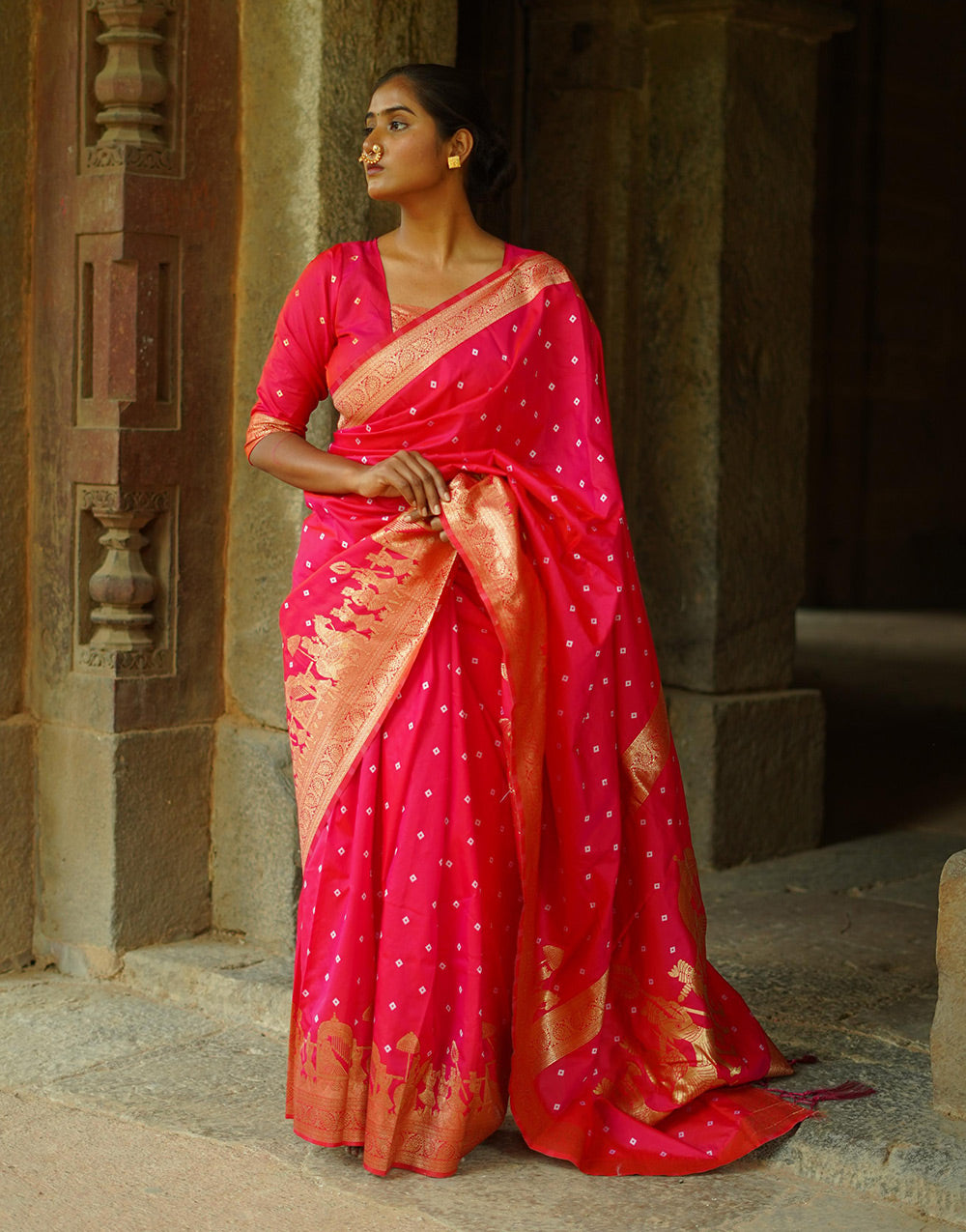 Red Pink Hand Bandhej Bandhani Saree With Zari Weaving Work