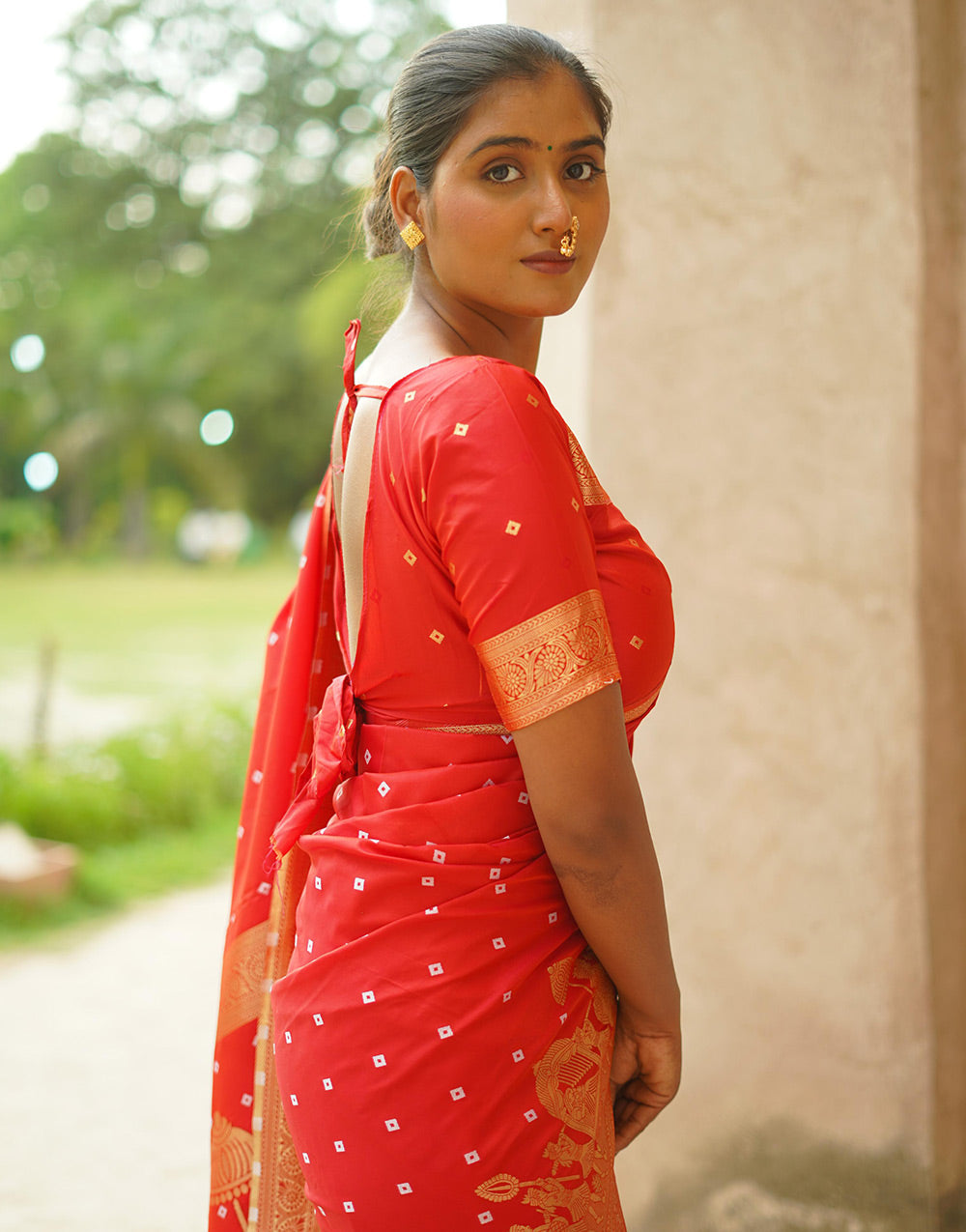 Candy Apple Red Hand Bandhej Bandhani Saree With Zari Weaving Work