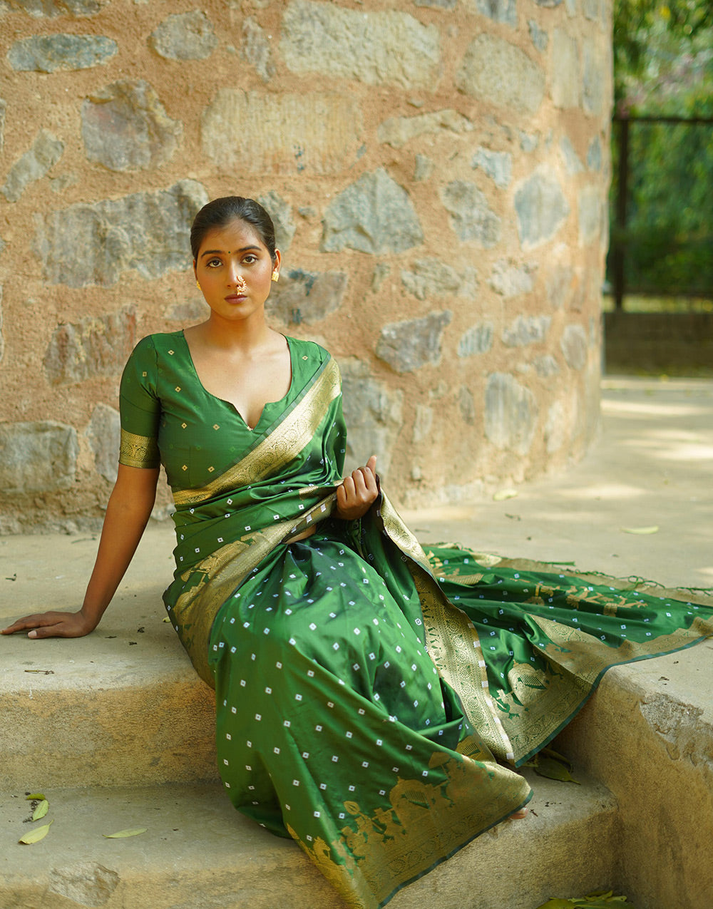 Forest Green Hand Bandhej Bandhani Saree With Zari Weaving Work