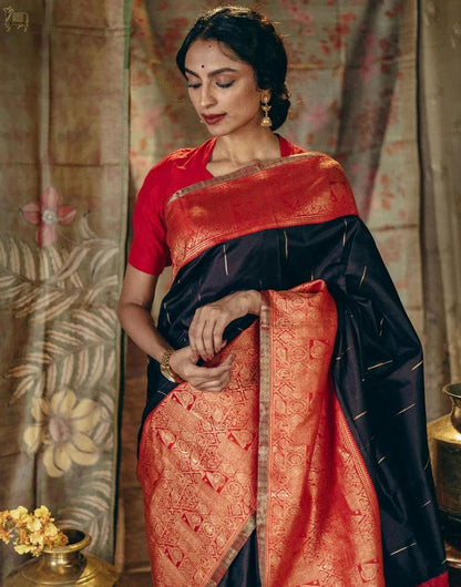Black & Red Banarasi Silk Saree With Zari Weaving Work