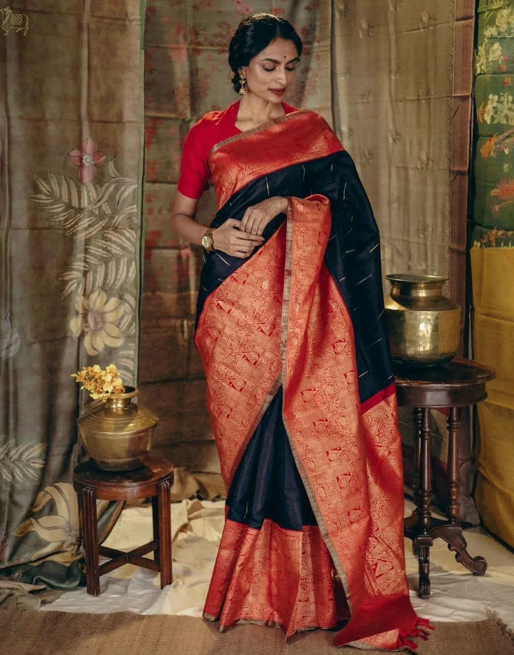 Black & Red Banarasi Silk Saree With Zari Weaving Work