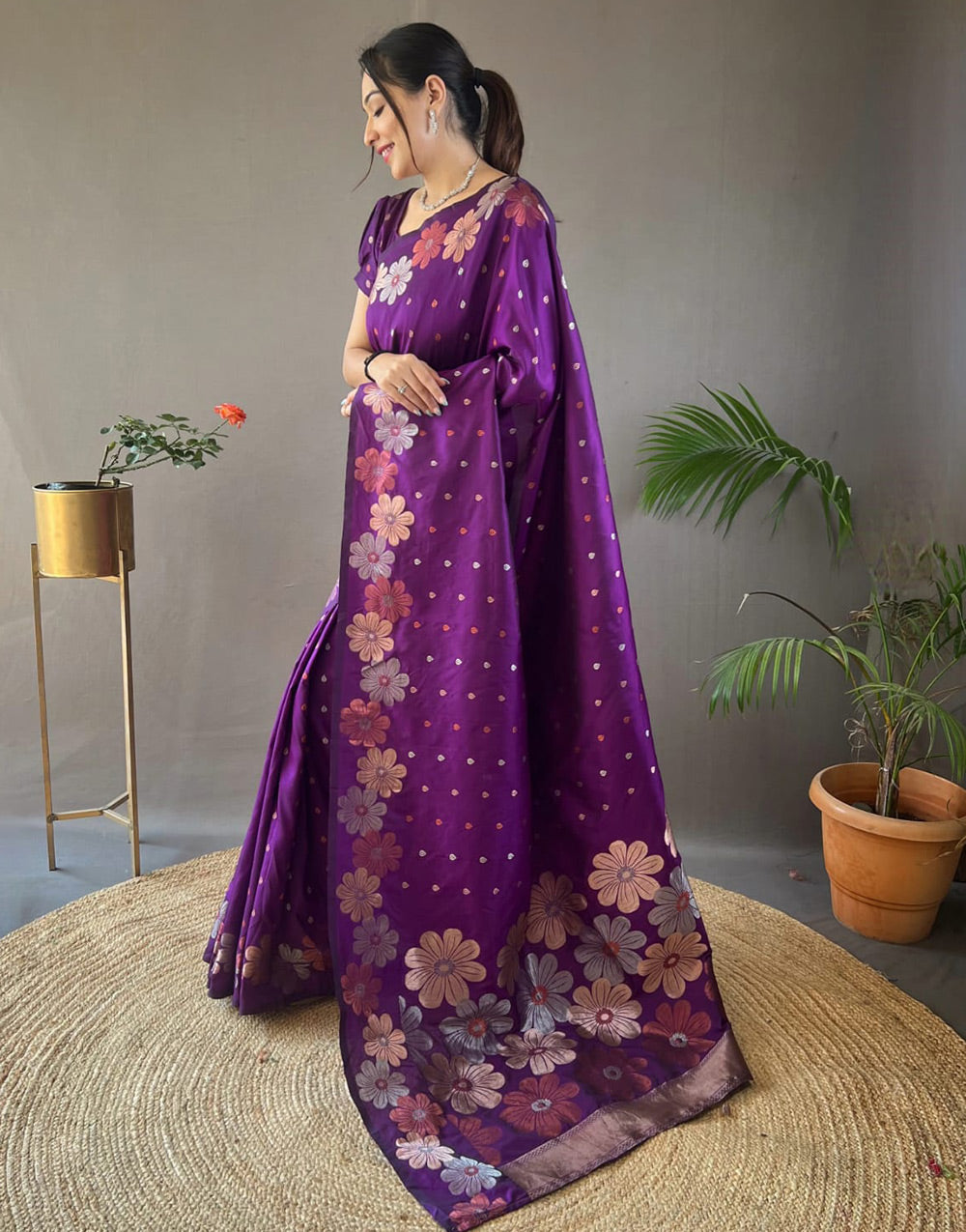 Dark Purple Banarasi Silk Saree With Zari Weaving Work Beautiful Rich Design Pallu