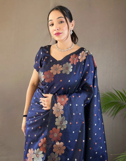 Dark Midnight Blue Banarasi Silk Saree With Zari Weaving Work Beautiful Rich Design Pallu