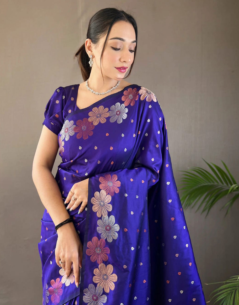 Dark Violet Blue Banarasi Silk Saree With Zari Weaving Work Beautiful Rich Design Pallu