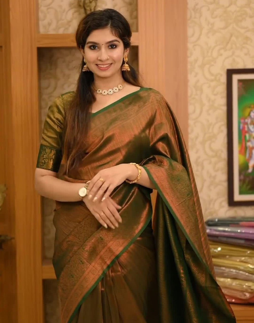 Dark Army Green Banarasi Silk Saree With Gold Zari Weaving Work