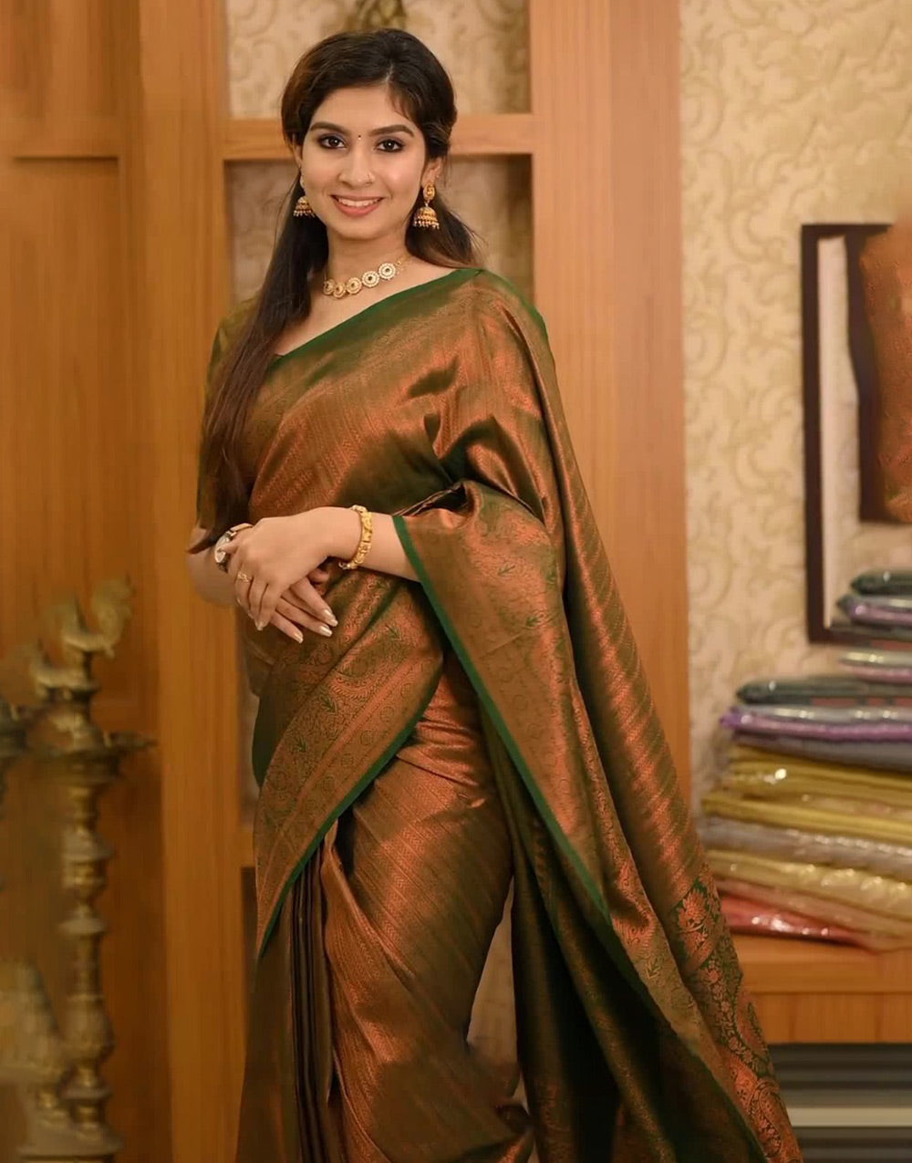 Dark Army Green Banarasi Silk Saree With Gold Zari Weaving Work