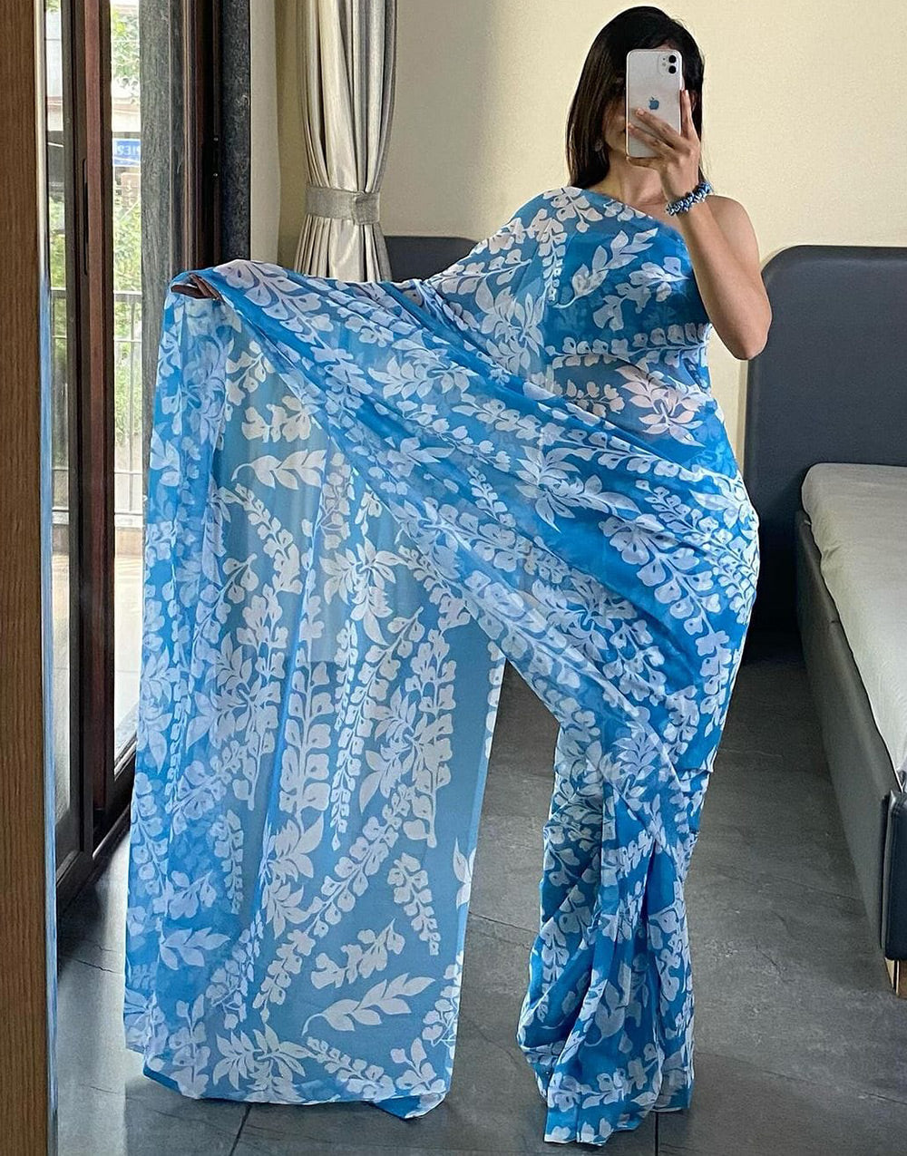 Dodger Blue Pure Soft Georgette With Printed Ready To Wear Saree