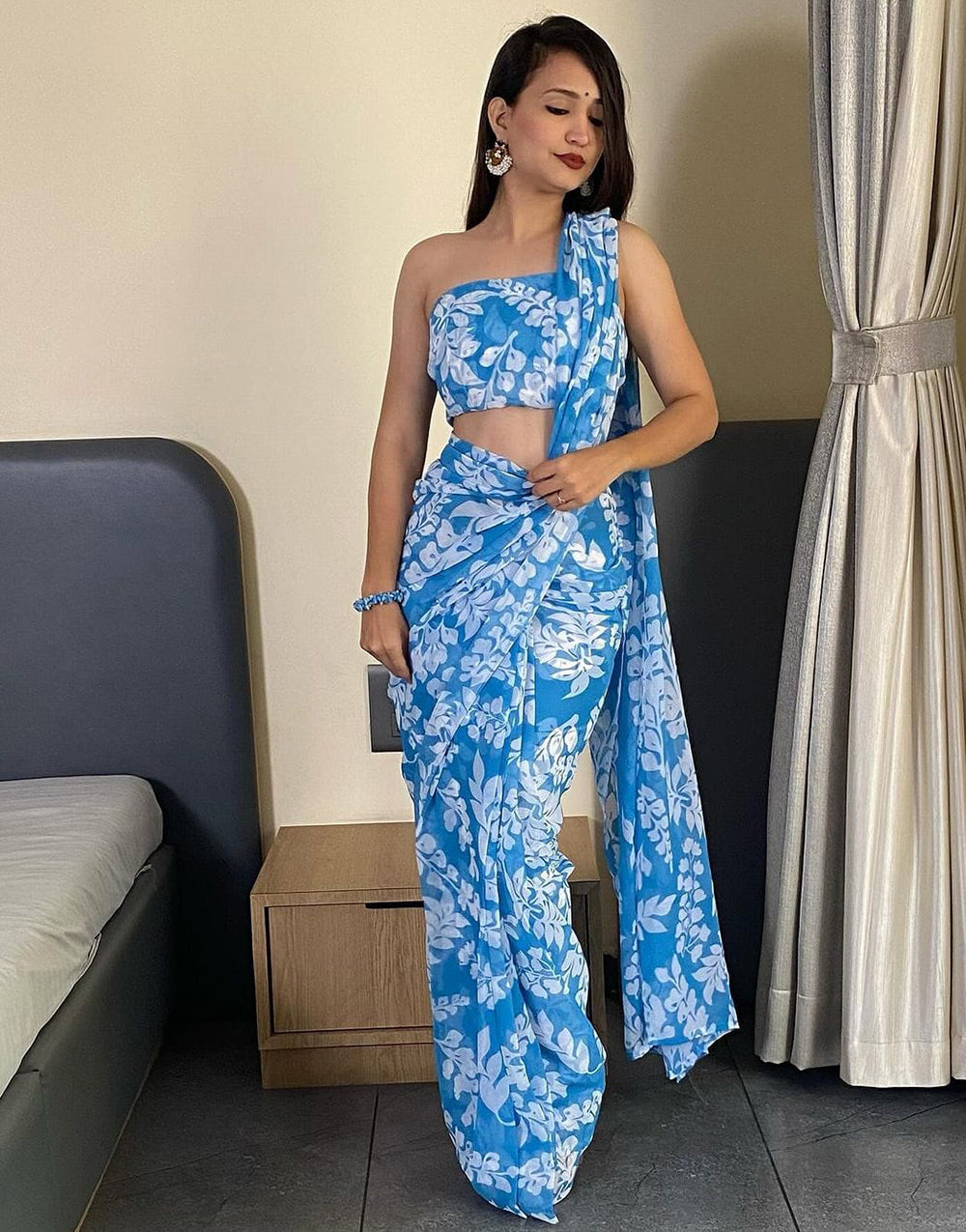 Dodger Blue Pure Soft Georgette With Printed Ready To Wear Saree