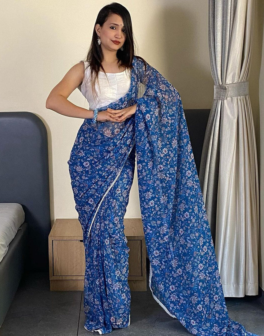Sapphir Blue Pure Soft Georgette With Printed Ready To Wear Saree