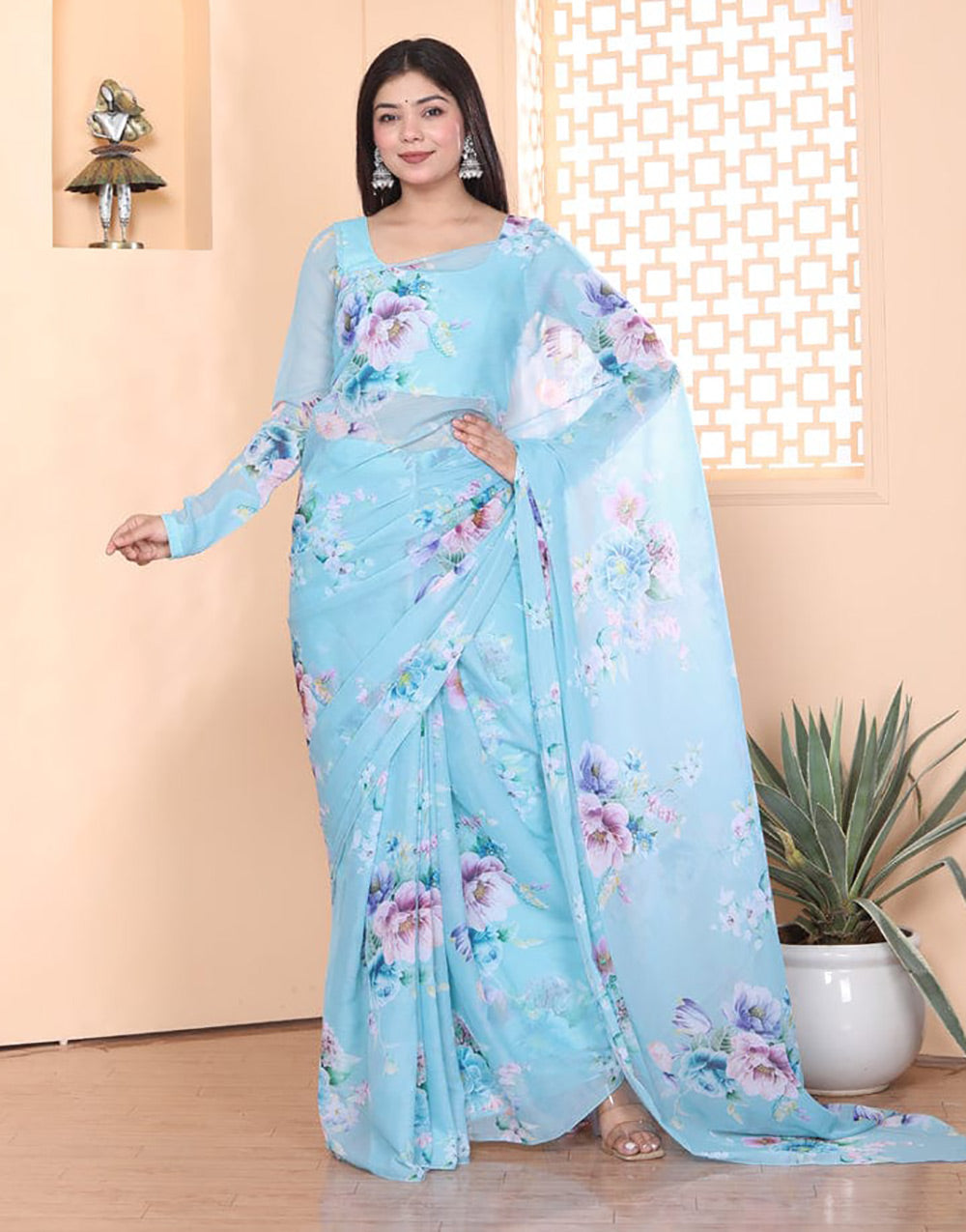 Sky Blue Pure Soft Georgette With Printed Ready To Wear Saree