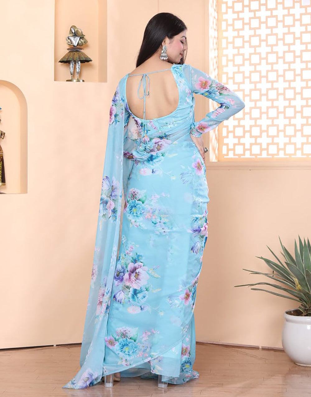 Sky Blue Pure Soft Georgette With Printed Ready To Wear Saree