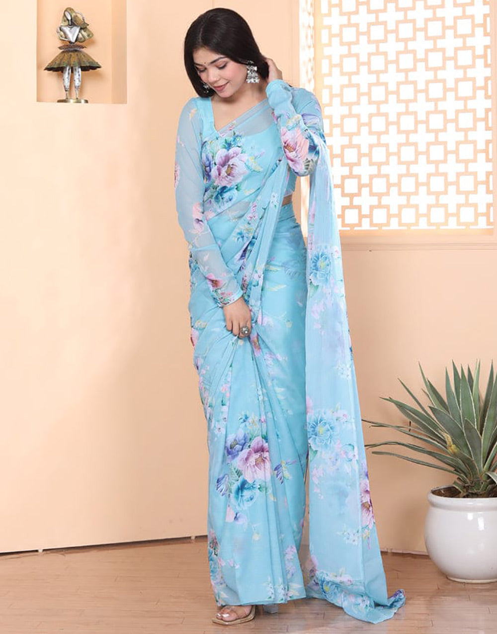 Sky Blue Pure Soft Georgette With Printed Ready To Wear Saree