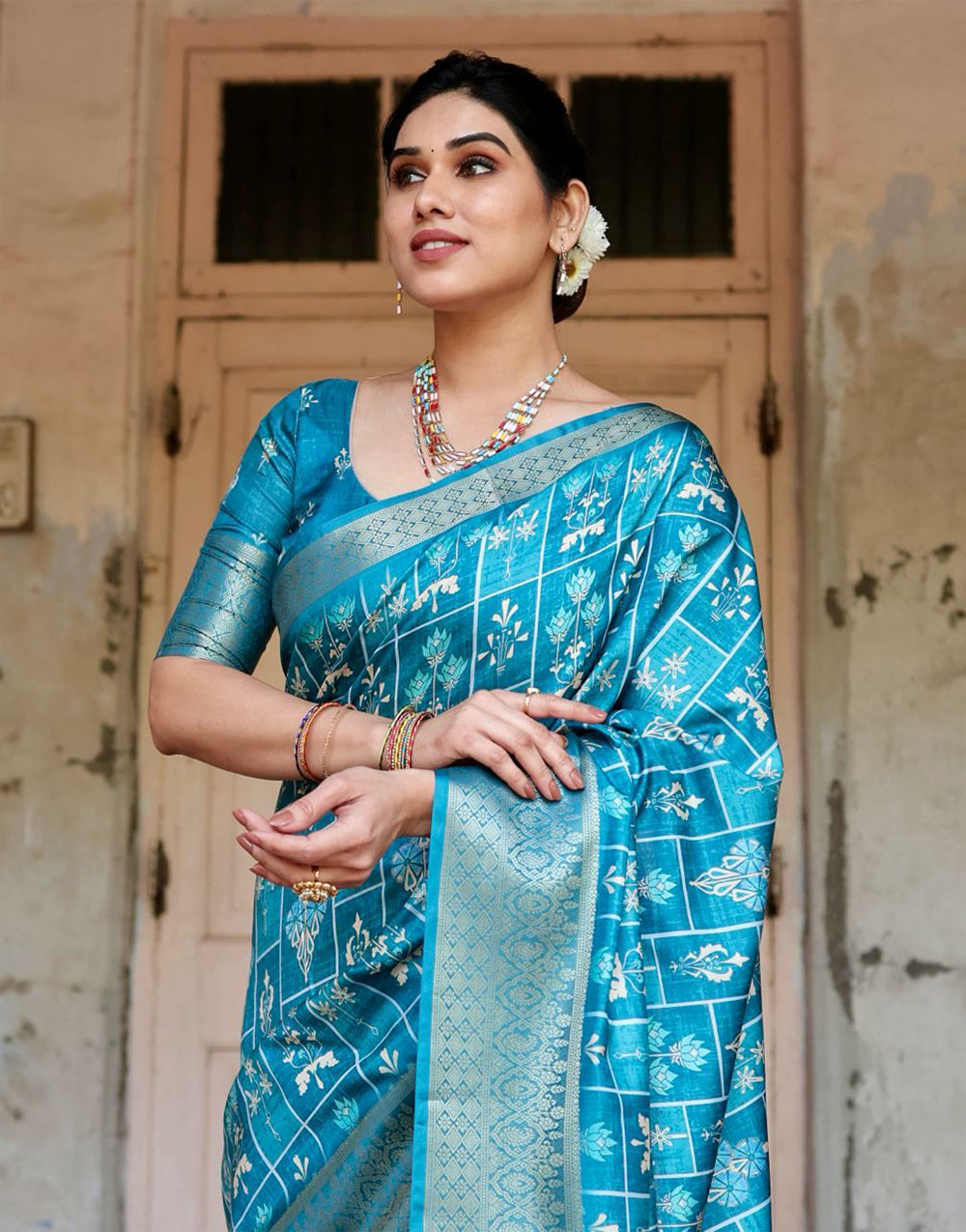 Cerulean Blue Silk Saree With Digital Printed Work