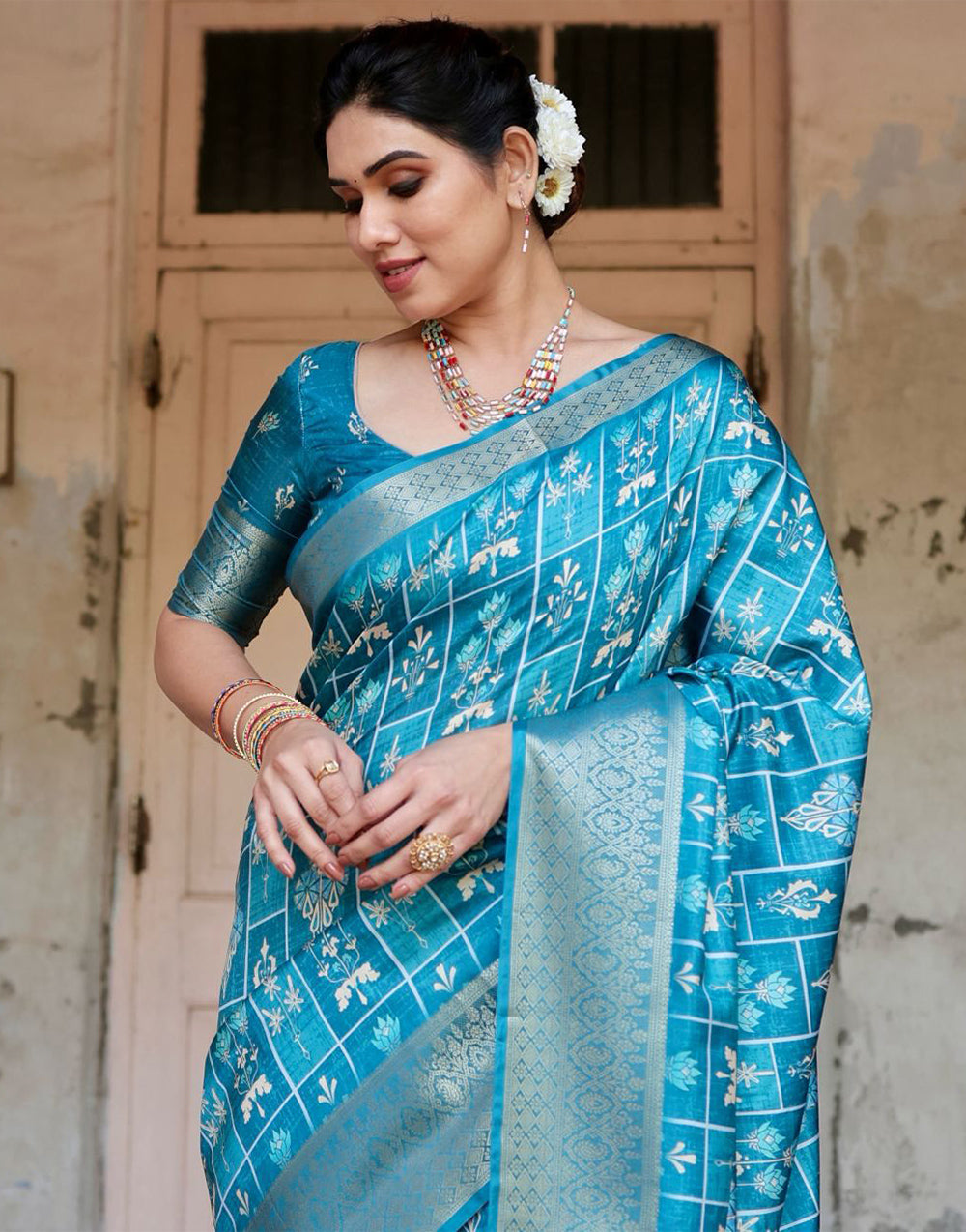 Cerulean Blue Silk Saree With Digital Printed Work