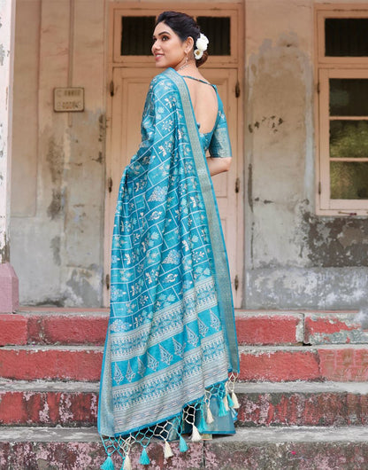 Cerulean Blue Silk Saree With Digital Printed Work