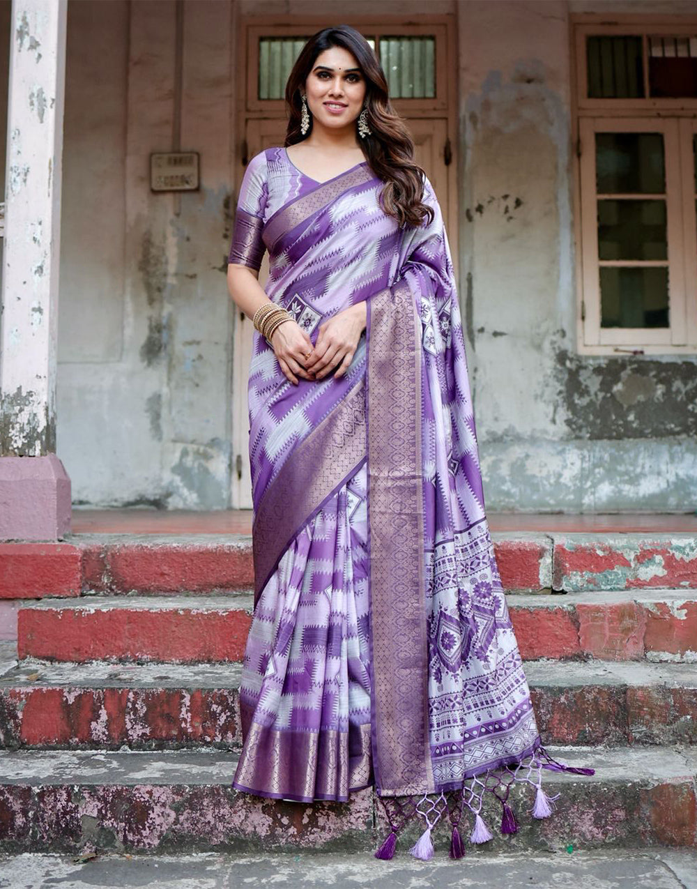 Royal Purple Silk Saree With Digital Printed Work