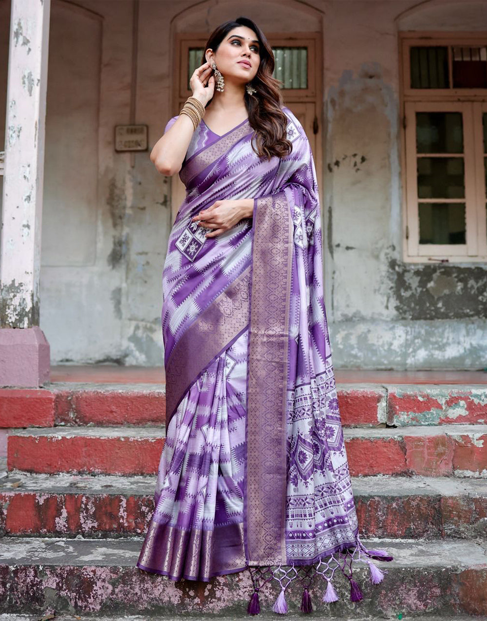 Royal Purple Silk Saree With Digital Printed Work