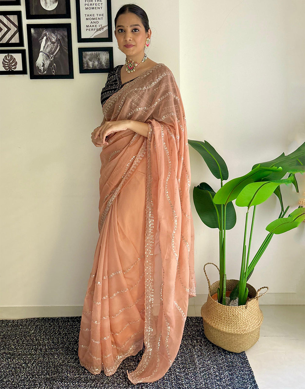 Creamy Peach Organza Saree With Zari & Sequence Work