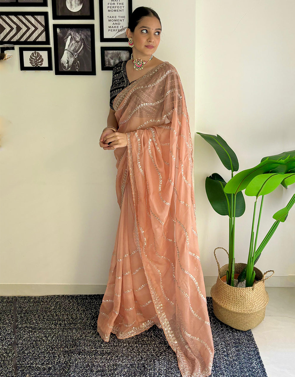 Creamy Peach Organza Saree With Zari & Sequence Work