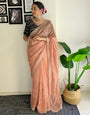 Creamy Peach Organza Saree With Zari & Sequence Work