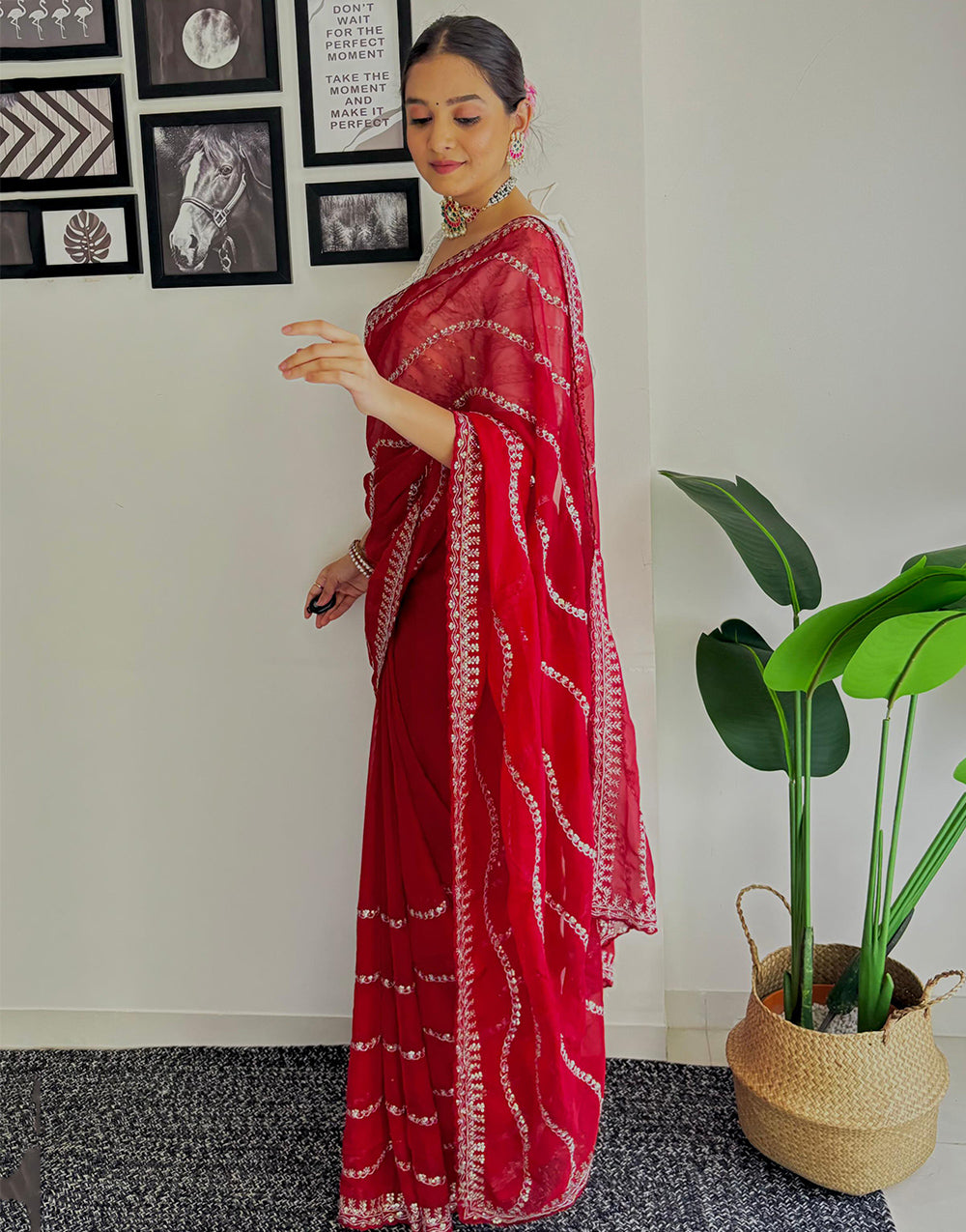 Hot Red Organza Saree With Zari & Sequence Work